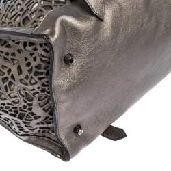 Pre Owned Burberry Metallic Grey Laser Cut Leather Satchel