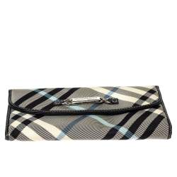 Pre Owned Burberry Blue Label Black/Blue House Check Fabric Flap Continental Wallet