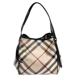 Pre Owned Burberry Black/Beige Nova Check PVC and Patent Leather Small Canterbury Tote