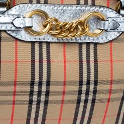 Pre Owned Burberry Silver/Beige Haymarket Check Canvas and Leather Link Bowler Bag