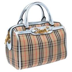 Pre Owned Burberry Silver/Beige Haymarket Check Canvas and Leather Link Bowler Bag