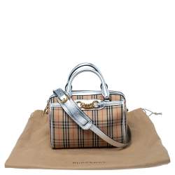 Pre Owned Burberry Silver/Beige Haymarket Check Canvas and Leather Link Bowler Bag