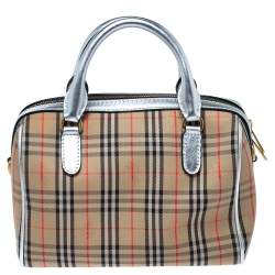 Pre Owned Burberry Silver/Beige Haymarket Check Canvas and Leather Link Bowler Bag