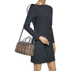 Pre Owned Burberry Silver/Beige Haymarket Check Canvas and Leather Link Bowler Bag