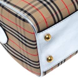 Pre Owned Burberry Silver/Beige Haymarket Check Canvas and Leather Link Bowler Bag