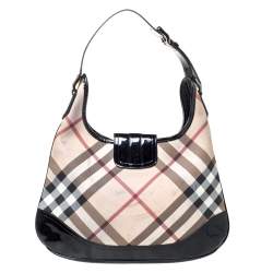 Pre Owned Burberry Beige/Black Nova Check PVC and Patent Leather Large Brooke Hobo
