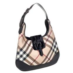 Pre Owned Burberry Beige/Black Nova Check PVC and Patent Leather Large Brooke Hobo