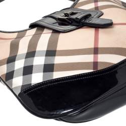 Pre Owned Burberry Beige/Black Nova Check PVC and Patent Leather Large Brooke Hobo