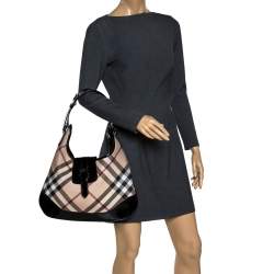 Pre Owned Burberry Beige/Black Nova Check PVC and Patent Leather Large Brooke Hobo