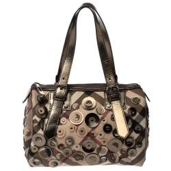 Pre Owned Burberry Beige/Metallic Nova Check PVC and Patent Leather Chester Studded Boston Bag