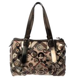 Pre Owned Burberry Beige/Metallic Nova Check PVC and Patent Leather Chester Studded Boston Bag