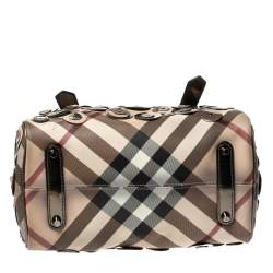 Pre Owned Burberry Beige/Metallic Nova Check PVC and Patent Leather Chester Studded Boston Bag