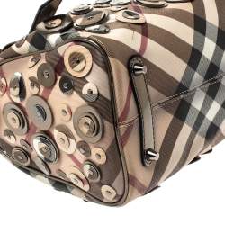Pre Owned Burberry Beige/Metallic Nova Check PVC and Patent Leather Chester Studded Boston Bag