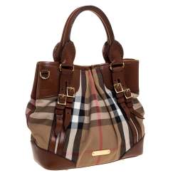 Pre Owned Burberry Brown House Check Canvas and Leather Bridle Whipstitch Tote