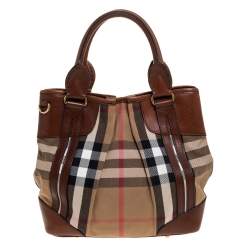 Pre Owned Burberry Brown House Check Canvas and Leather Bridle Whipstitch Tote
