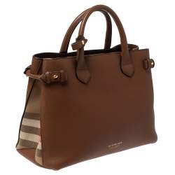 Pre Owned Burberry Brown Leather and House Check Fabric Medium Banner Tote