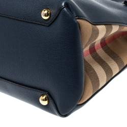 Pre Owned Burberry Blue Leather and House Check Fabric Medium Banner Tote