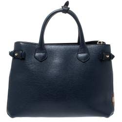 Pre Owned Burberry Blue Leather and House Check Fabric Medium Banner Tote