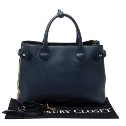 Pre Owned Burberry Blue Leather and House Check Fabric Medium Banner Tote