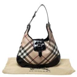 Pre Owned Burberry Black/Beige Nova Check PVC and Patent Leather Large Brooke Hobo