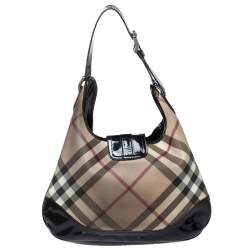 Pre Owned Burberry Black/Beige Nova Check PVC and Patent Leather Large Brooke Hobo