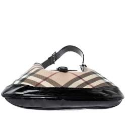 Pre Owned Burberry Black/Beige Nova Check PVC and Patent Leather Large Brooke Hobo