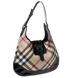 Pre Owned Burberry Black/Beige Nova Check PVC and Patent Leather Large Brooke Hobo