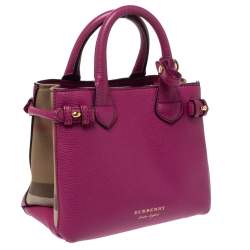 Pre Owned Burberry Magenta Leather and House Check Canavs Baby Banner Tote
