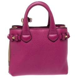 Pre Owned Burberry Magenta Leather and House Check Canavs Baby Banner Tote