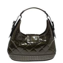 Pre Owned Burberry Olive Green Patent Leather Studded Brooke Hobo