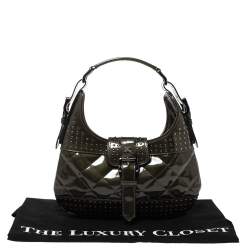 Pre Owned Burberry Olive Green Patent Leather Studded Brooke Hobo
