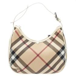 Pre Owned Burberry White Nova Check Coated Canvas and Leather Small Barton Hobo