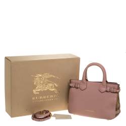 Pre Owned Burberry Blush Pink Leather and House Check Canvas Small Banner Tote