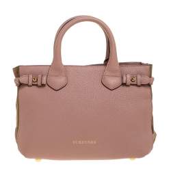 Pre Owned Burberry Blush Pink Leather and House Check Canvas Small Banner Tote