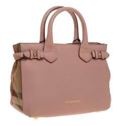 Pre Owned Burberry Blush Pink Leather and House Check Canvas Small Banner Tote