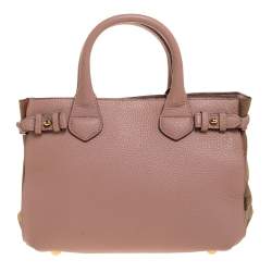 Pre Owned Burberry Blush Pink Leather and House Check Canvas Small Banner Tote