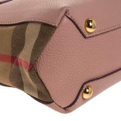 Pre Owned Burberry Blush Pink Leather and House Check Canvas Small Banner Tote