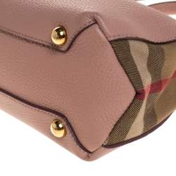 Pre Owned Burberry Blush Pink Leather and House Check Canvas Small Banner Tote