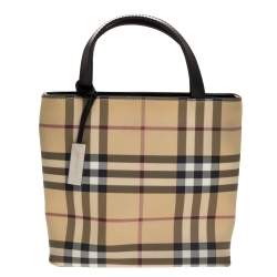 Pre Owned Burberry Beige/Black House Check Coated Canvas and Leather Small Tote