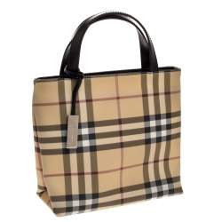 Pre Owned Burberry Beige/Black House Check Coated Canvas and Leather Small Tote