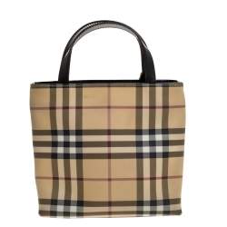 Pre Owned Burberry Beige/Black House Check Coated Canvas and Leather Small Tote