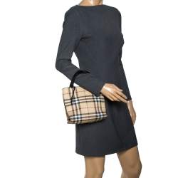 Pre Owned Burberry Beige/Black House Check Coated Canvas and Leather Small Tote