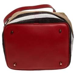 Pre Owned Burberry Red/Beige Supernova Check Canvas and Leather Ashby Hobo