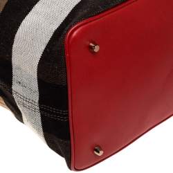 Pre Owned Burberry Red/Beige Supernova Check Canvas and Leather Ashby Hobo