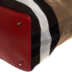 Pre Owned Burberry Red/Beige Supernova Check Canvas and Leather Ashby Hobo