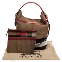 Pre Owned Burberry Red/Beige Supernova Check Canvas and Leather Ashby Hobo