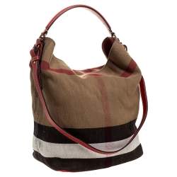 Pre Owned Burberry Red/Beige Supernova Check Canvas and Leather Ashby Hobo