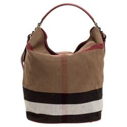 Pre Owned Burberry Red/Beige Supernova Check Canvas and Leather Ashby Hobo