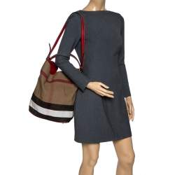 Pre Owned Burberry Red/Beige Supernova Check Canvas and Leather Ashby Hobo