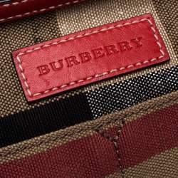 Pre Owned Burberry Red/Beige Supernova Check Canvas and Leather Ashby Hobo